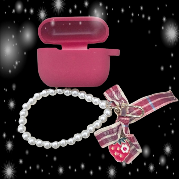 Air Pods Case with Pearl Key Chain and Strawberry Charm - Picture 2 of 2